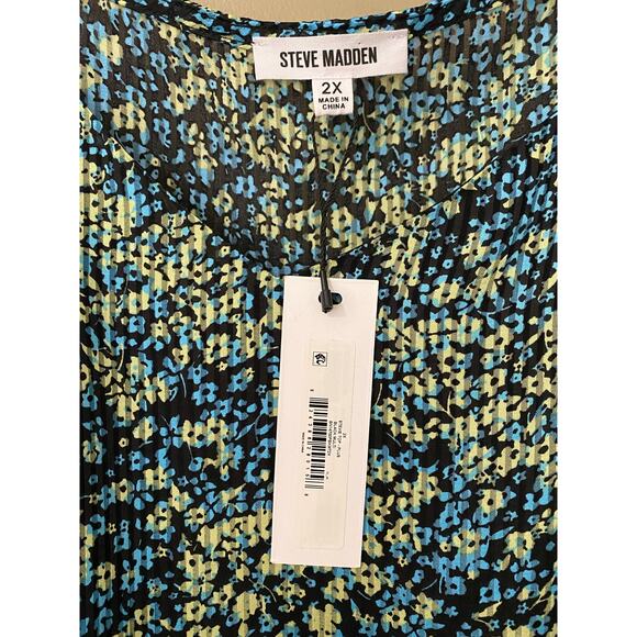 NWT Steve Madden Stevie Top 2X Blue Green Floral Blouse Crinkle Sheer Fairycore - Picture 8 of 16